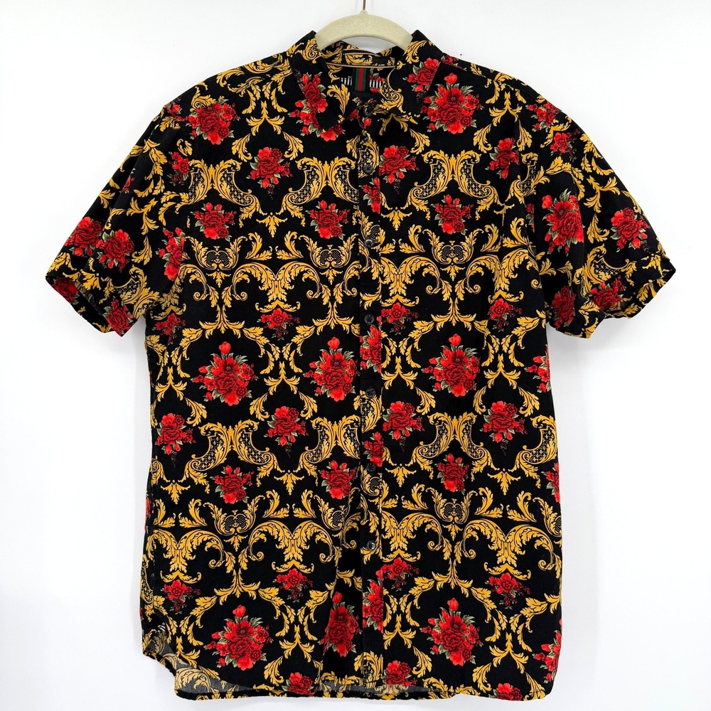 Denim & Flower Ricky Singh Red Black Gold Floral Button Down Shirt Men's Large